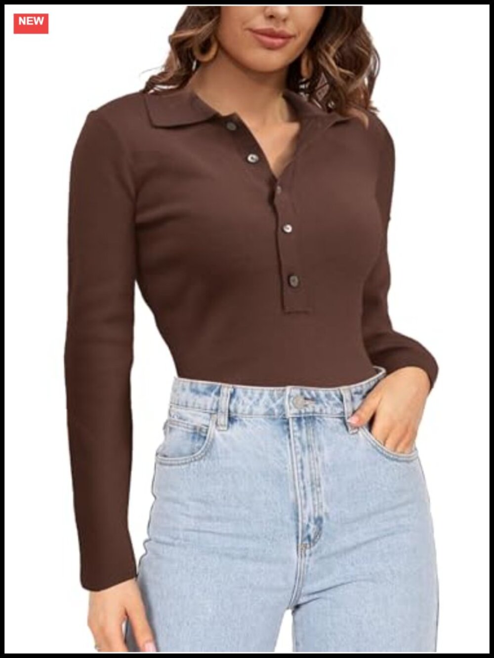 Women's Long Sleeve V-Neck Polo Sweater Slim Fit Knit Top